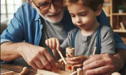 nonno e bambino costruiscono giocattoli in legno