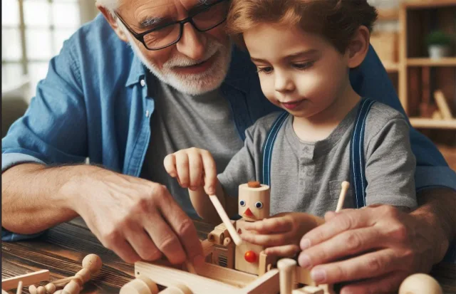 nonno e bambino costruiscono giocattoli in legno